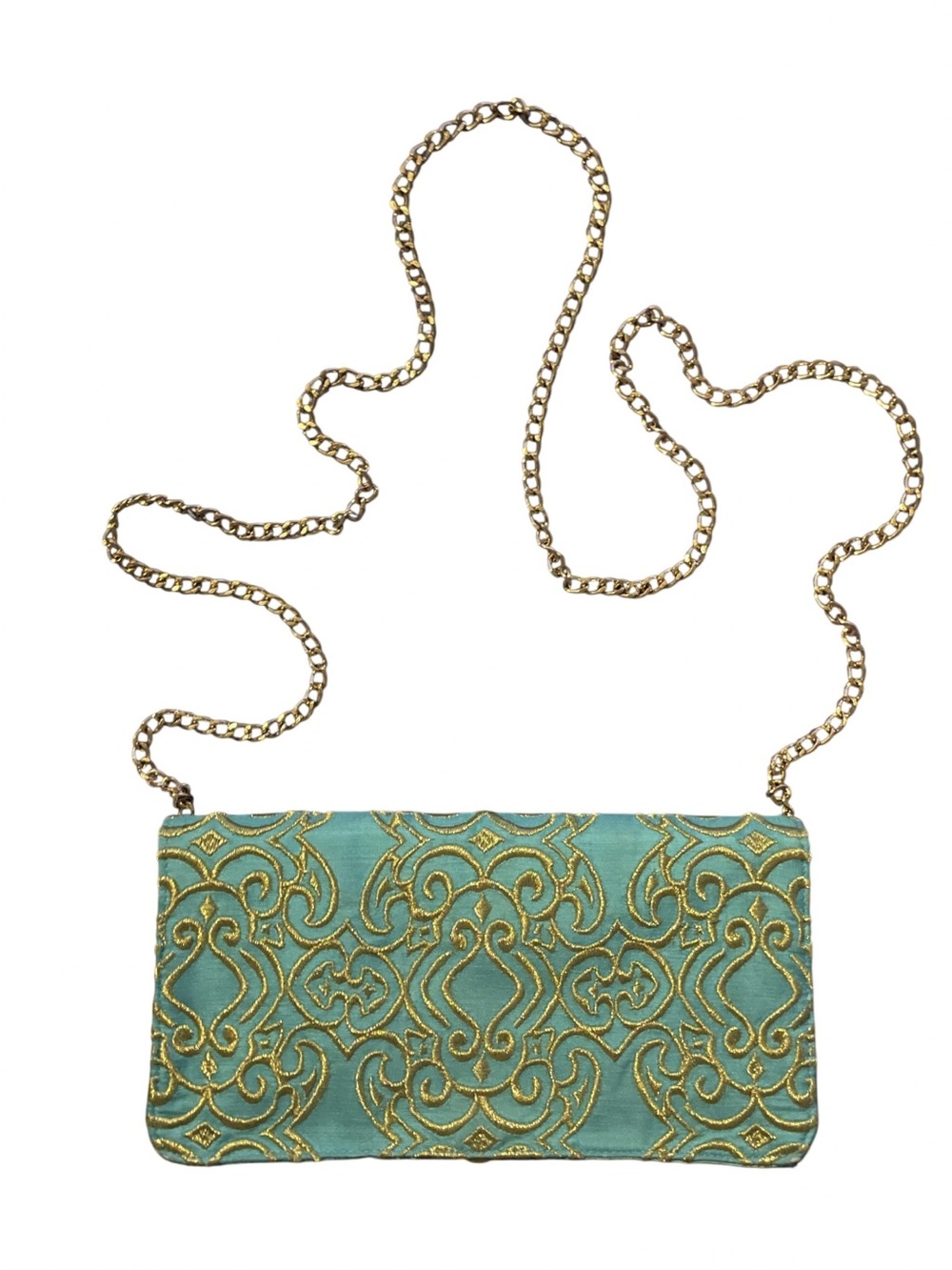 Shiraleah Chicago Embroidered Evening Clutch Bag Mint Gold EUC